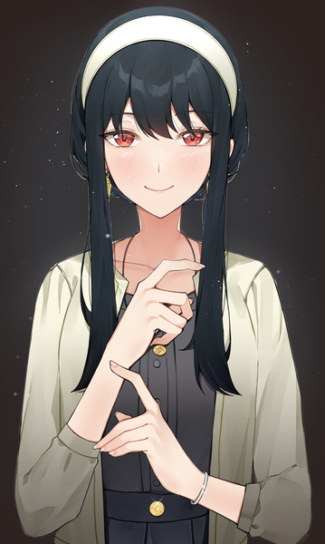 Anime picture 2556x4271 with spy x family yor briar ai-nohikari single long hair tall image looking at viewer fringe highres black hair simple background smile hair between eyes red eyes upper body black background girl earrings hairband