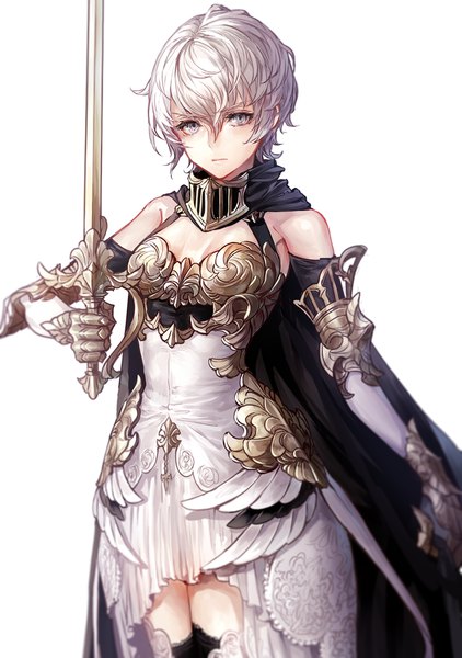 Anime picture 1349x1917 with original senano-yu single tall image looking at viewer fringe short hair breasts simple background hair between eyes standing white background bare shoulders holding cleavage silver hair grey eyes thighs girl thighhighs