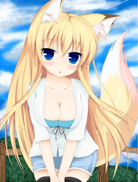 Anime picture 2138x2817 with original kasumi toshizou yamachan single long hair tall image looking at viewer blush highres breasts blue eyes light erotic blonde hair fox ears fox tail fox girl girl shorts