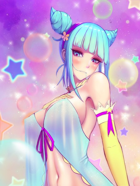 Anime picture 1200x1600 with me!me!me! girl (anime expo) kami-sama (girl) limgae single tall image blush fringe short hair breasts blue eyes light erotic large breasts blue hair hair bun (hair buns) hand on chest looking down hair in mouth girl gloves