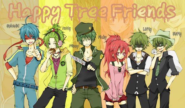 Anime picture 2000x1176 with happy tree friends flippy flaky splendid (htf) nutty shifty lifty kakeru (artist) long hair blush highres short hair open mouth smile wide image twintails bare shoulders green eyes yellow eyes blue hair