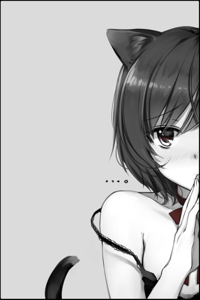 Anime picture 2000x3000 with original takeuchi aya single tall image looking at viewer blush fringe highres short hair simple background animal ears tail animal tail cat ears off shoulder grey background cat tail border monochrome girl
