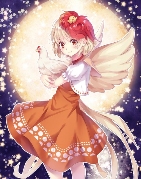 Anime picture 1200x1517 with touhou niwatari kutaka hichou single tall image looking at viewer blush short hair blonde hair smile red eyes holding red hair tail multicolored hair two-tone hair animal on head bird on head girl animal