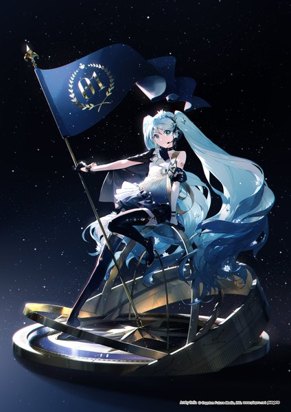 Anime picture 2897x4096 with vocaloid hatsune miku polaris miku rella single tall image looking at viewer highres blue eyes smile twintails blue hair full body bent knee (knees) very long hair official art girl dress gloves black gloves