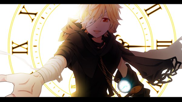 Anime picture 1600x900 with nico nico singer 96neko sugarxilno looking at viewer short hair open mouth blonde hair red eyes wide image letterboxed bandage over one eye reverse trap girl detached sleeves bandage (bandages) eyepatch clock hand pocket watch