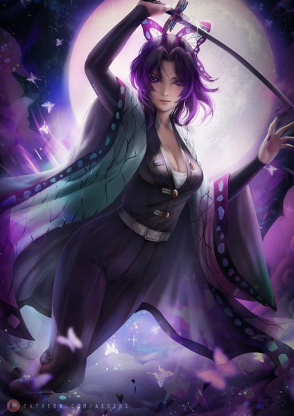 Anime picture 3532x5000 with kimetsu no yaiba ufotable kochou shinobu axsen single tall image looking at viewer fringe highres short hair breasts light erotic black hair standing purple eyes holding signed payot absurdres cleavage