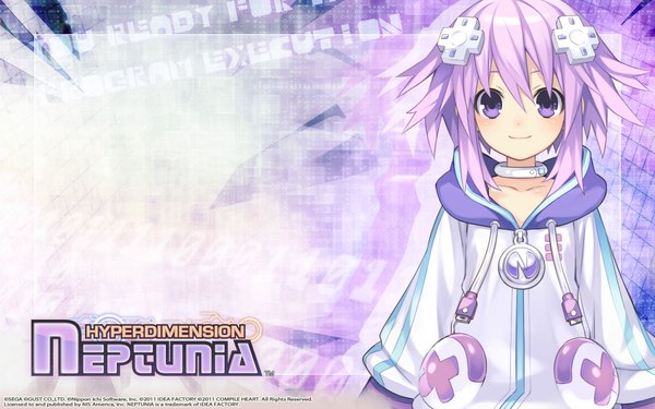 Anime picture 1920x1200 with choujigen game neptune neptune (choujigen game neptune) purple heart ranoha single looking at viewer highres short hair wide image purple eyes purple hair light smile wallpaper girl hair ornament collar