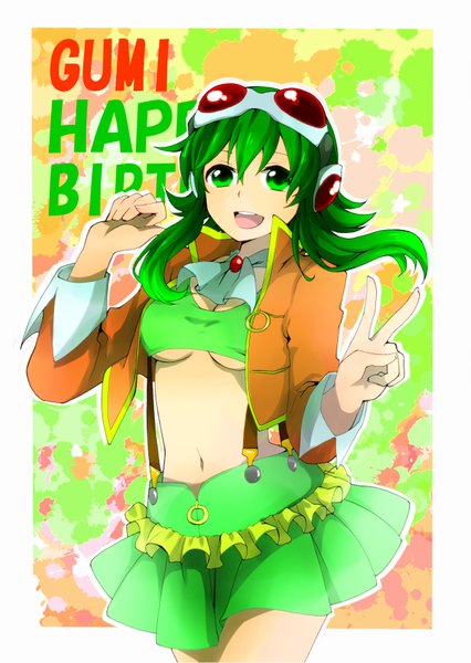 Anime picture 1200x1690 with vocaloid gumi kanna (chaos966) single tall image looking at viewer short hair open mouth green eyes green hair border victory outside border happy birthday girl skirt navel goggles suspenders green skirt