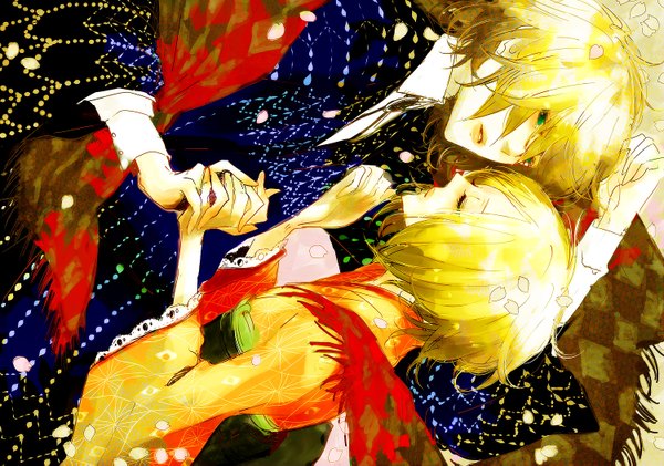 Anime picture 1500x1053 with vocaloid kagamine rin kagamine len garagara short hair blonde hair green eyes eyes closed couple holding hands girl boy