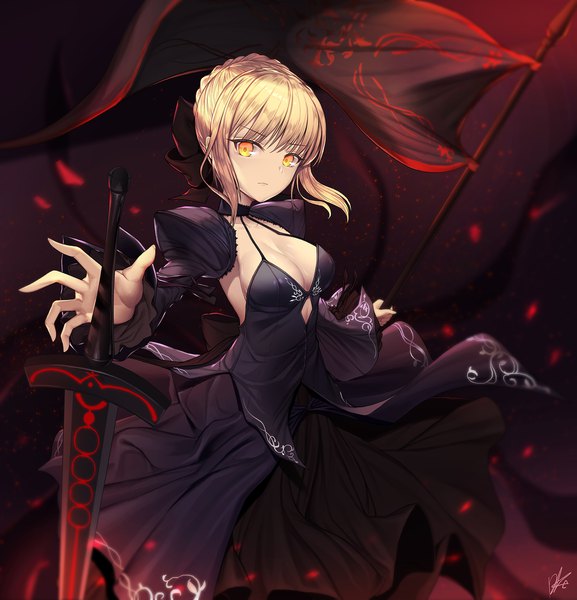 Anime-Bild 2000x2079 mit fate (series) fate/grand order artoria pendragon (all) saber alter lee seok ho single tall image fringe highres short hair breasts blonde hair hair between eyes holding signed yellow eyes cleavage long sleeves blurry depth of field