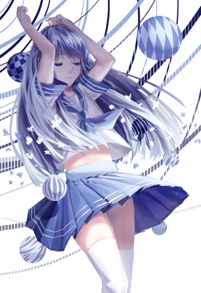 Anime picture 2031x2952 with original lama-pacos single long hair tall image fringe highres light erotic standing blue hair eyes closed pleated skirt arms up zettai ryouiki girl thighhighs skirt uniform ribbon (ribbons) white thighhighs