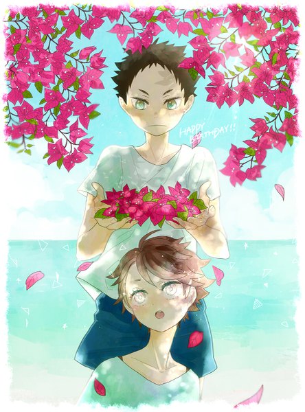 Anime picture 889x1200 with haikyuu!! production i.g ooikawa tooru iwaizumi hajime kazuna (pixiv4060513) tall image blush short hair brown hair brown eyes green eyes sky cloud (clouds) head tilt aqua eyes from behind sunlight multiple boys shadow summer