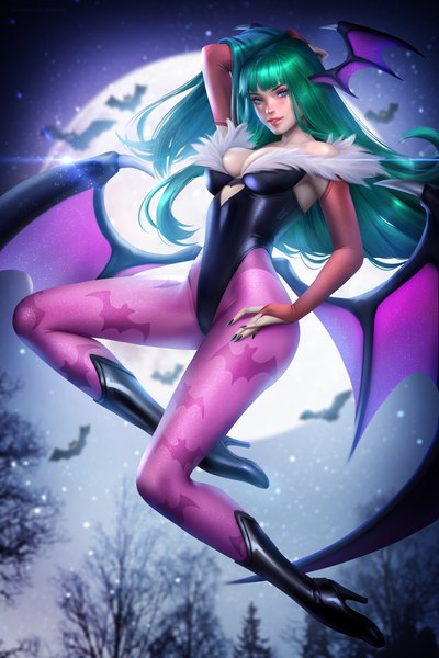 Anime picture 4796x7194 with vampire / darkstalkers (game) capcom morrigan aensland ayyasap single long hair tall image looking at viewer blush fringe highres breasts blue eyes light erotic large breasts signed absurdres cleavage full body bent knee (knees)