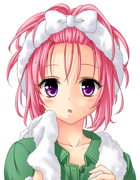 Anime picture 1545x1973 with toloveru xebec momo velia deviluke tall image looking at viewer open mouth purple eyes pink hair alternate hairstyle transparent background vector hair up towel around neck girl towel