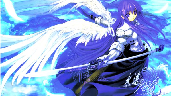 Anime picture 1280x720 with eien no aselia hitomaru long hair wide image purple eyes purple hair wings armor spear polearm