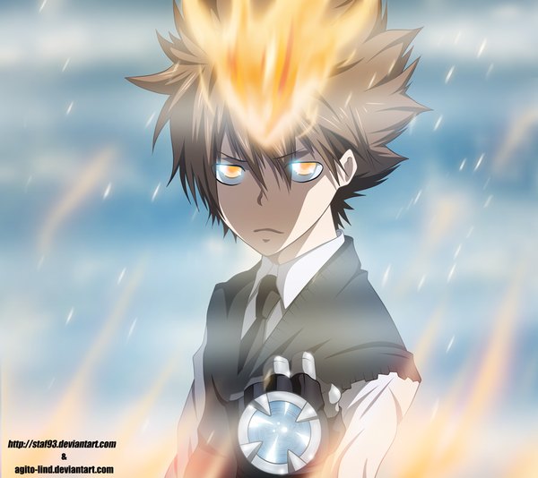 Anime picture 1000x890 with katekyou hitman reborn sawada tsunayoshi aagito single short hair brown hair yellow eyes sky cloud (clouds) coloring magic glowing portrait smoke glowing eye (eyes) boy gloves necktie