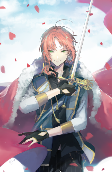 Anime picture 784x1200 with ensemble stars! tsukinaga leo ryou (kaleidoscope) single long hair tall image looking at viewer green eyes signed sky ahoge light smile wind orange hair boy gloves weapon petals sword black gloves