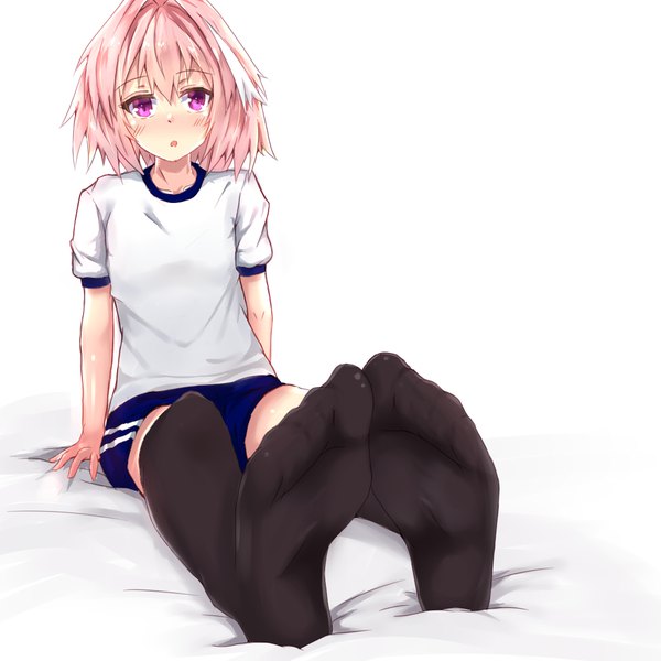 Anime picture 1024x1024 with fate (series) fate/apocrypha astolfo (fate) tarosu single long hair looking at viewer blush fringe open mouth light erotic simple background hair between eyes white background sitting purple eyes pink hair multicolored hair arm support two-tone hair