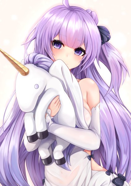 Anime picture 3541x5016 with azur lane unicorn (azur lane) ryara vivi single long hair tall image looking at viewer blush fringe highres breasts light erotic simple background white background purple eyes bare shoulders holding absurdres purple hair upper body