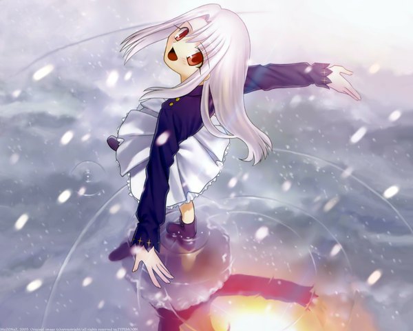 Anime picture 1600x1280 with fate (series) fate/stay night studio deen type-moon illyasviel von einzbern from above snowing ripples water