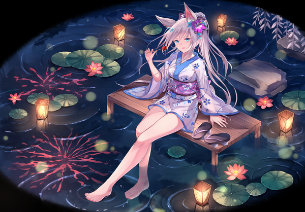 Anime picture 1465x1023 with original fuuro (johnsonwade) single long hair looking at viewer fringe breasts open mouth blue eyes smile sitting holding payot silver hair full body outdoors ponytail traditional clothes :d japanese clothes