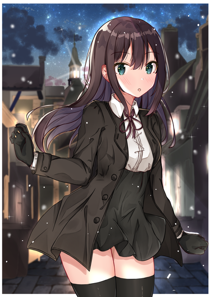 Anime picture 2460x3460 with idolmaster idolmaster cinderella girls idolmaster cinderella girls starlight stage shibuya rin norazura single long hair tall image looking at viewer blush fringe highres hair between eyes brown hair standing payot cloud (clouds) outdoors long sleeves pleated skirt