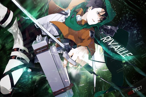 Anime picture 1200x800 with shingeki no kyojin production i.g levi (rivaille) redeye27 single short hair open mouth black hair signed looking away bent knee (knees) open jacket grey eyes wallpaper character names outstretched arm boy weapon sword jacket