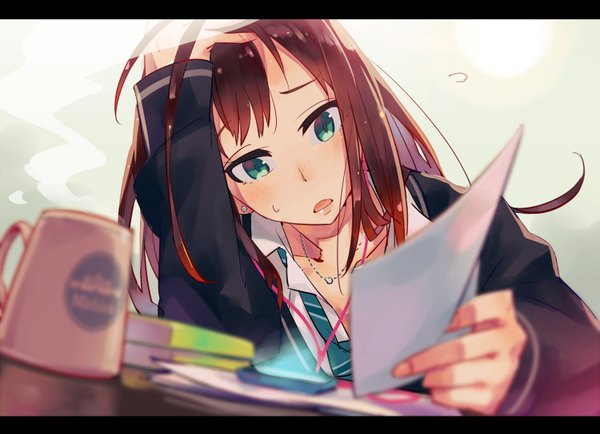 Anime picture 1500x1087 with idolmaster idolmaster cinderella girls shibuya rin monq (artist) single long hair blush open mouth brown hair sweat letterboxed sweatdrop hand on head reading girl uniform school uniform necktie book (books) necklace