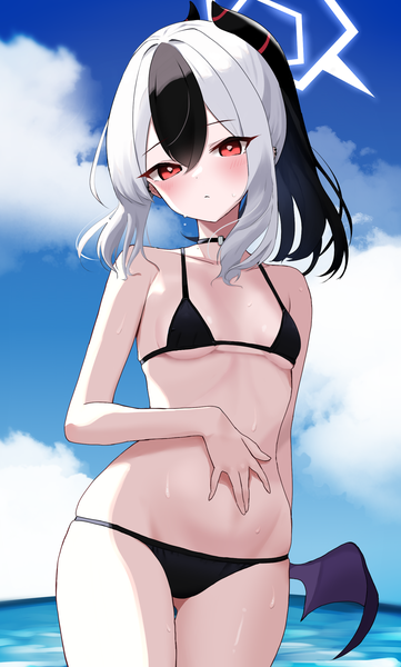 Anime picture 1494x2480 with blue archive kayoko (blue archive) roxypqd single long hair tall image looking at viewer blush breasts light erotic black hair red eyes standing sky silver hair cloud (clouds) ponytail head tilt multicolored hair horn (horns)