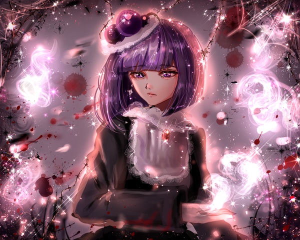Anime picture 1500x1200 with cookie run blackberry cookie monyo1219 single looking at viewer fringe short hair standing purple eyes purple hair upper body blunt bangs long sleeves bloody clothes blood stains girl dress hat black dress blood