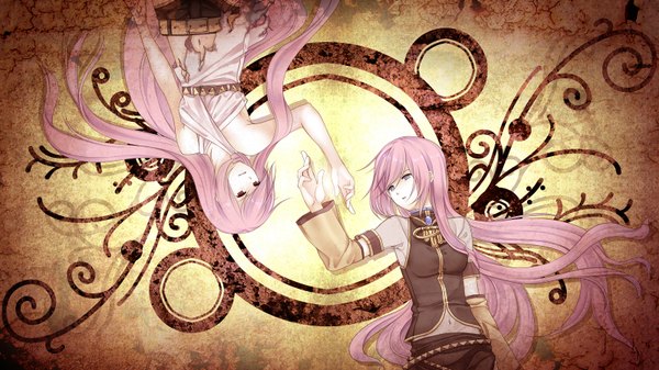 Anime picture 1600x900 with vocaloid megurine luka long hair red eyes wide image multiple girls pink hair torn clothes girl navel 2 girls detached sleeves