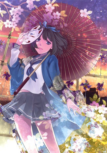 Anime picture 3244x4598 with original eshi 100-nin ten endou minari single tall image looking at viewer highres short hair open mouth blue eyes black hair absurdres girl skirt flower (flowers) miniskirt serafuku umbrella mask