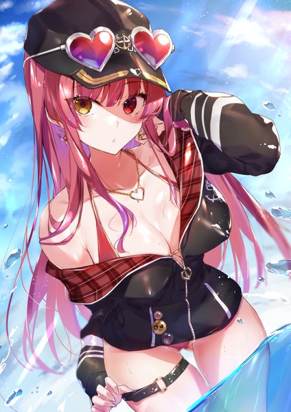 Anime picture 1131x1600 with virtual youtuber hololive houshou marine houshou marine (summer) kasumi komo single long hair tall image looking at viewer breasts light erotic large breasts sky outdoors red hair heterochromia thigh gap partially submerged adjusting hair covered nipples