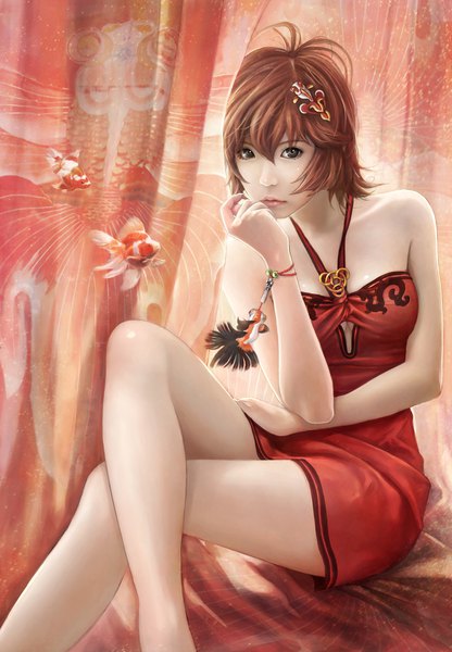 Anime picture 1200x1730 with original eat0123 tall image looking at viewer fringe short hair hair between eyes bare shoulders red hair realistic bare legs grey eyes crossed legs halterneck chin rest girl dress hair ornament animal bracelet