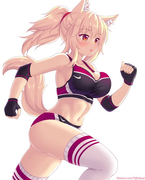 Anime picture 1333x1650 with original nike tiffy nottytiffy single long hair tall image fringe breasts open mouth light erotic simple background blonde hair hair between eyes red eyes large breasts white background animal ears payot looking away