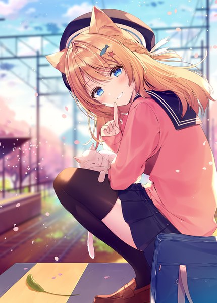 Anime picture 1000x1396 with original necomi (gussan) single long hair tall image looking at viewer blush fringe blue eyes blonde hair smile hair between eyes animal ears sky cloud (clouds) outdoors braid (braids) long sleeves pleated skirt blurry