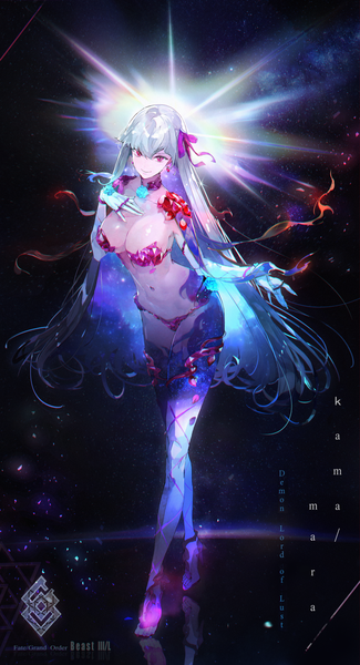 Anime picture 2000x3697 with fate (series) fate/grand order kama (fate) a2ki single long hair tall image looking at viewer fringe highres breasts light erotic hair between eyes large breasts purple eyes silver hair full body multicolored hair copyright name character names
