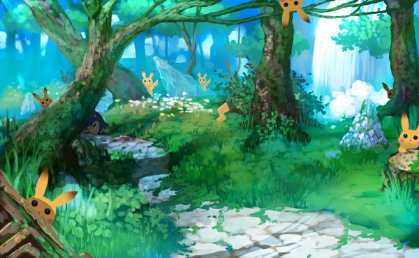 Anime picture 1000x617 with pokemon sonic (series) nintendo pikachu sonic the hedgehog hirokiku wide image no people crossover waterfall gen 1 pokemon plant (plants) animal tree (trees) water forest path