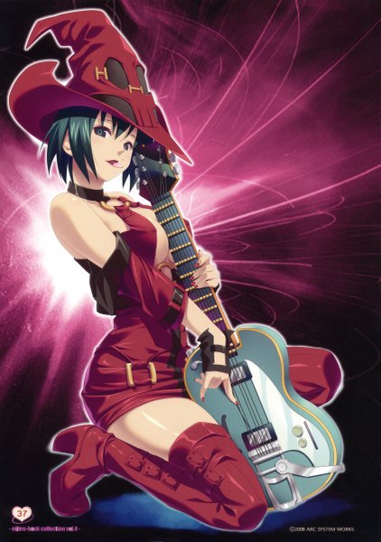 Anime picture 1690x2400 with guilty gear i-no koutaro tall image short hair light erotic nail polish green hair scan mole grey eyes kneeling purple background girl thigh boots witch hat musical instrument guitar