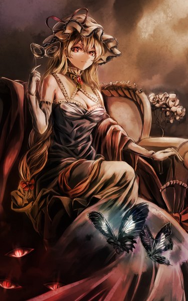 Anime picture 800x1280 with touhou yakumo yukari jan (lightdragoon) single long hair tall image looking at viewer blonde hair red eyes sitting closed umbrella girl dress gloves flower (flowers) hat choker elbow gloves insect butterfly