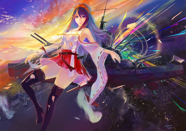 Anime picture 1448x1024 with kantai collection kongou battleship wayne chan single long hair looking at viewer fringe brown hair bare shoulders brown eyes sky cloud (clouds) long sleeves pleated skirt sunlight wide sleeves high heels spread arms sunbeam nontraditional miko