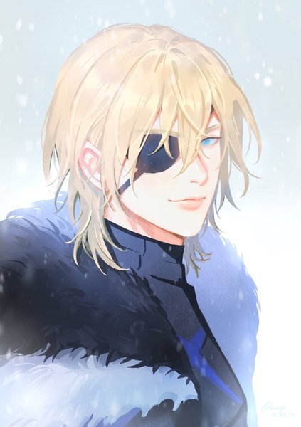 Anime picture 1444x2048 with fire emblem fire emblem: three houses nintendo dimitri alexandre blaiddyd rm-parfait single tall image looking at viewer fringe short hair blue eyes blonde hair smile hair between eyes upper body portrait boy eyepatch