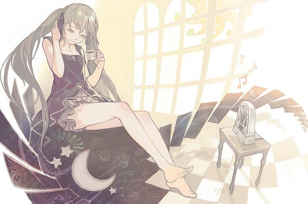 Anime picture 1024x678 with vocaloid hatsune miku aoin single long hair smile sitting twintails bare shoulders green eyes barefoot green hair bare legs checkered floor crescent girl dress hair ornament ribbon (ribbons) hair ribbon