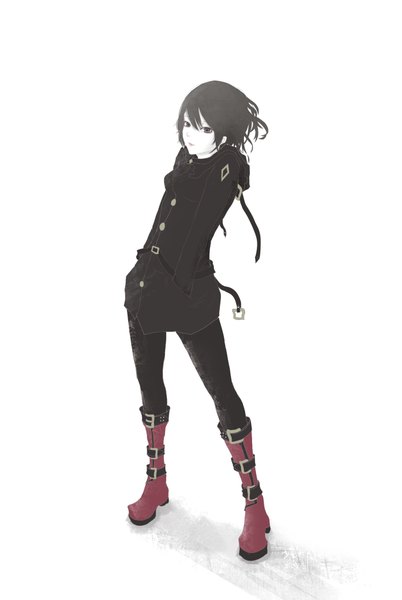 Anime picture 1368x2040 with original pip single tall image looking at viewer fringe short hair black hair simple background standing white background black eyes leaning monochrome hands in pockets girl jacket boots thigh boots