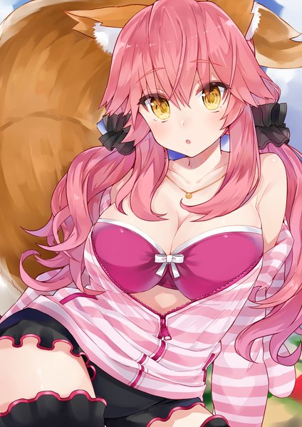 Anime picture 1414x2000 with fate (series) fate/extra tamamo (fate) (all) tamamo no mae (fate) kou mashiro single long hair tall image looking at viewer blush fringe breasts open mouth light erotic hair between eyes large breasts sitting twintails bare shoulders animal ears