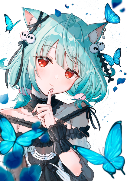 Anime-Bild 1000x1429 mit virtual youtuber hololive uruha rushia uruha rushia (3rd costume) minausa single tall image looking at viewer short hair red eyes white background twintails animal ears upper body nail polish head tilt cat ears aqua hair low twintails finger to mouth