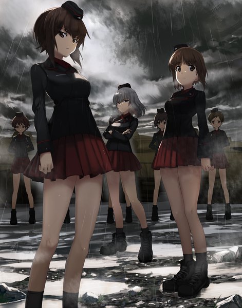 Anime picture 1200x1526 with girls und panzer nishizumi miho nishizumi maho itsumi erika akaboshi koume ritaiko (girls und panzer) ashiwara yuu long hair tall image looking at viewer fringe short hair blue eyes brown hair standing multiple girls brown eyes green eyes looking away cloud (clouds)