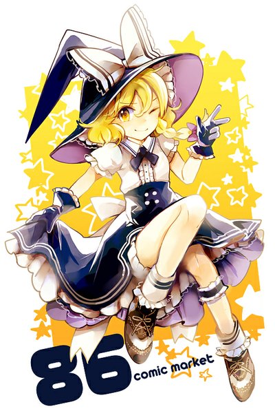 Anime picture 534x800 with touhou comiket 86 kirisame marisa azuma aya single long hair tall image looking at viewer blonde hair smile yellow eyes braid (braids) one eye closed wink single braid victory girl gloves hat socks