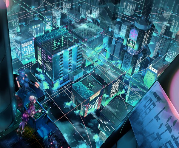 Anime picture 2800x2317 with original inz (pixiv) single highres from behind night city hieroglyph cityscape city lights science fiction girl building (buildings) robot roof