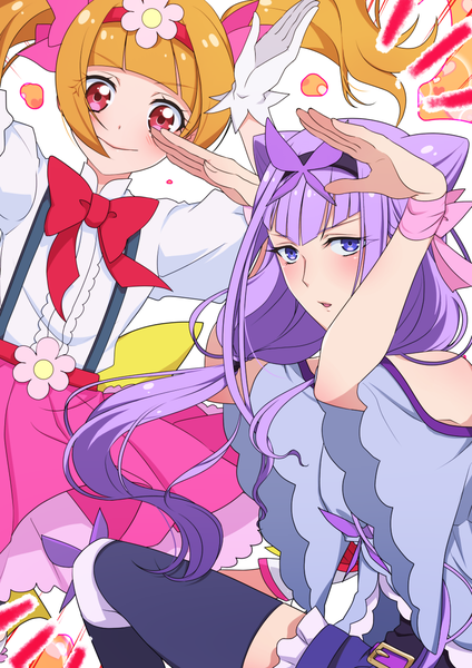 Anime-Bild 868x1228 mit precure hugtto! precure toei animation ruru amour aisaki emiru sayvi long hair tall image blush fringe open mouth red eyes purple eyes twintails multiple girls payot purple hair blunt bangs pleated skirt orange hair